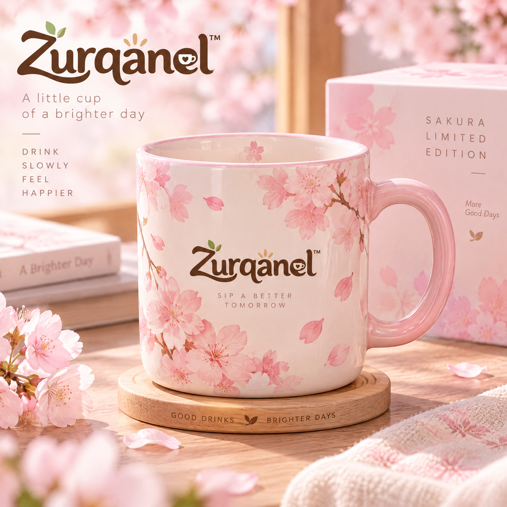 Zurqanel™ Sakura Limited Edition Ceramic Coffee Mug with Engraved Wooden Coaster &amp; Gift Box – 12 oz Aesthetic Cherry Blossom Tea Cup