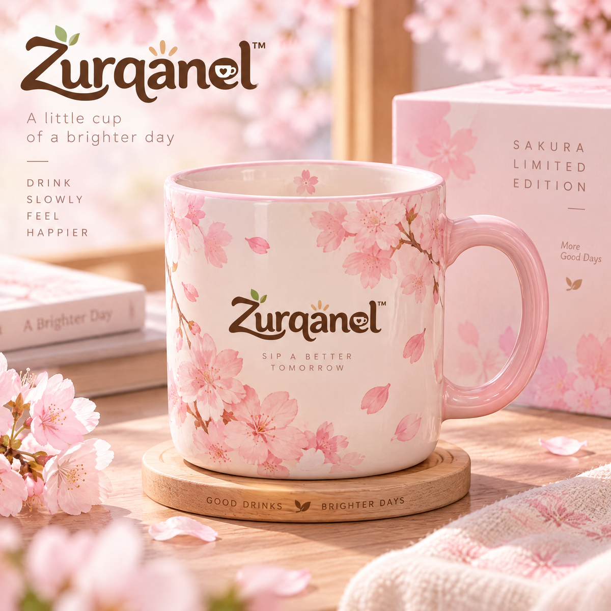 Zurqanel™ Sakura Limited Edition Ceramic Coffee Mug with Engraved Wooden Coaster &amp; Gift Box – 12 oz Aesthetic Cherry Blossom Tea Cup