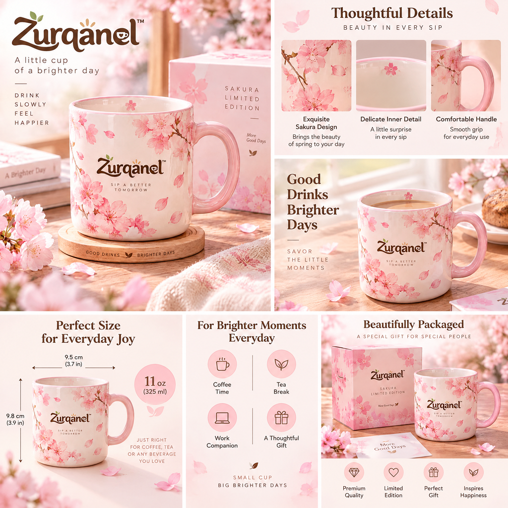 Zurqanel™ Sakura Limited Edition Ceramic Coffee Mug with Engraved Wooden Coaster &amp; Gift Box – 12 oz Aesthetic Cherry Blossom Tea Cup