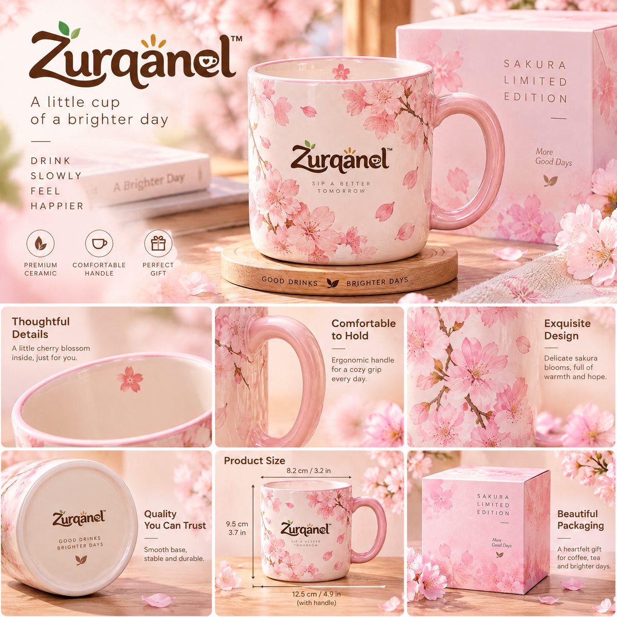 Zurqanel™ Sakura Limited Edition Ceramic Coffee Mug with Engraved Wooden Coaster &amp; Gift Box – 12 oz Aesthetic Cherry Blossom Tea Cup