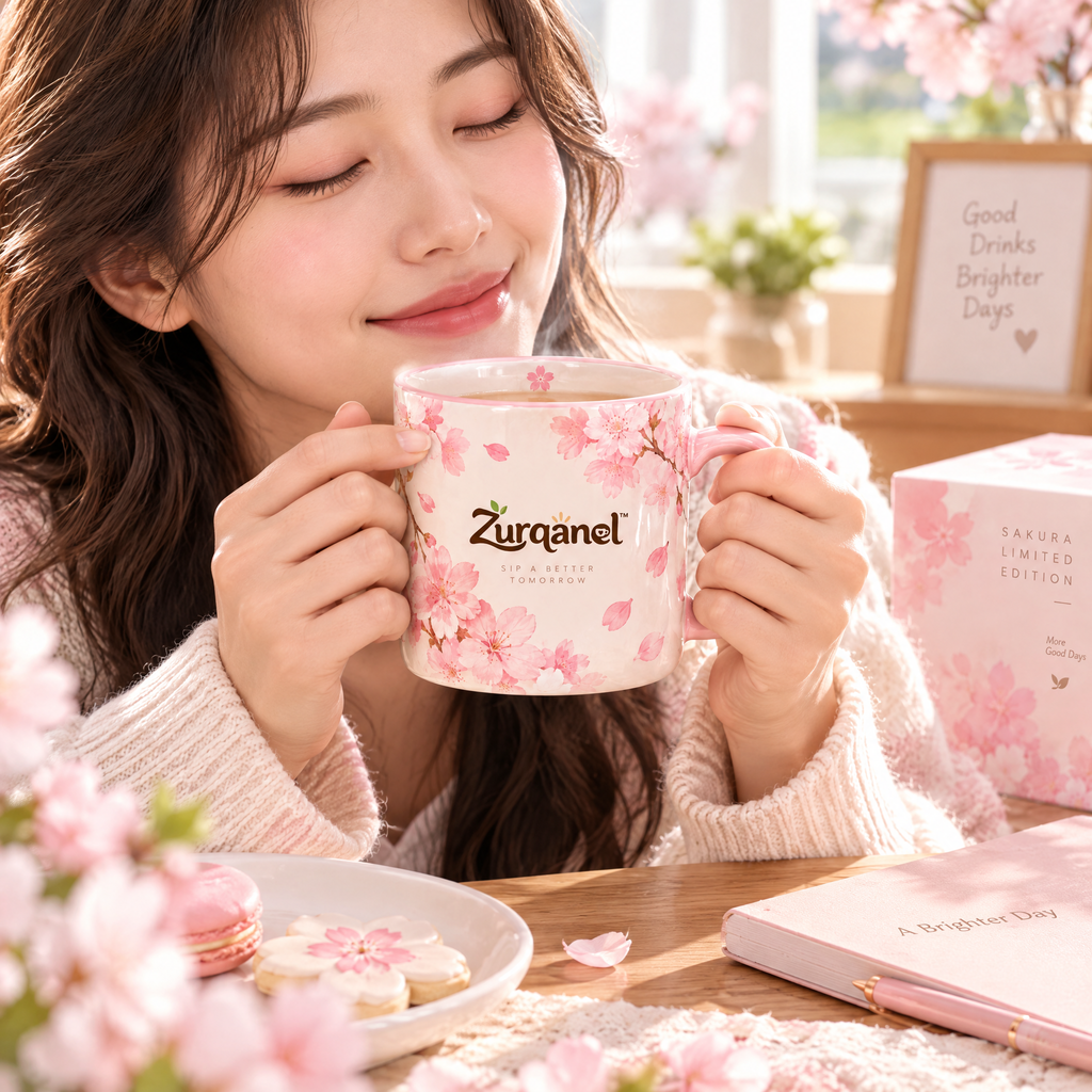 Zurqanel™ Sakura Limited Edition Ceramic Coffee Mug with Engraved Wooden Coaster &amp; Gift Box – 12 oz Aesthetic Cherry Blossom Tea Cup